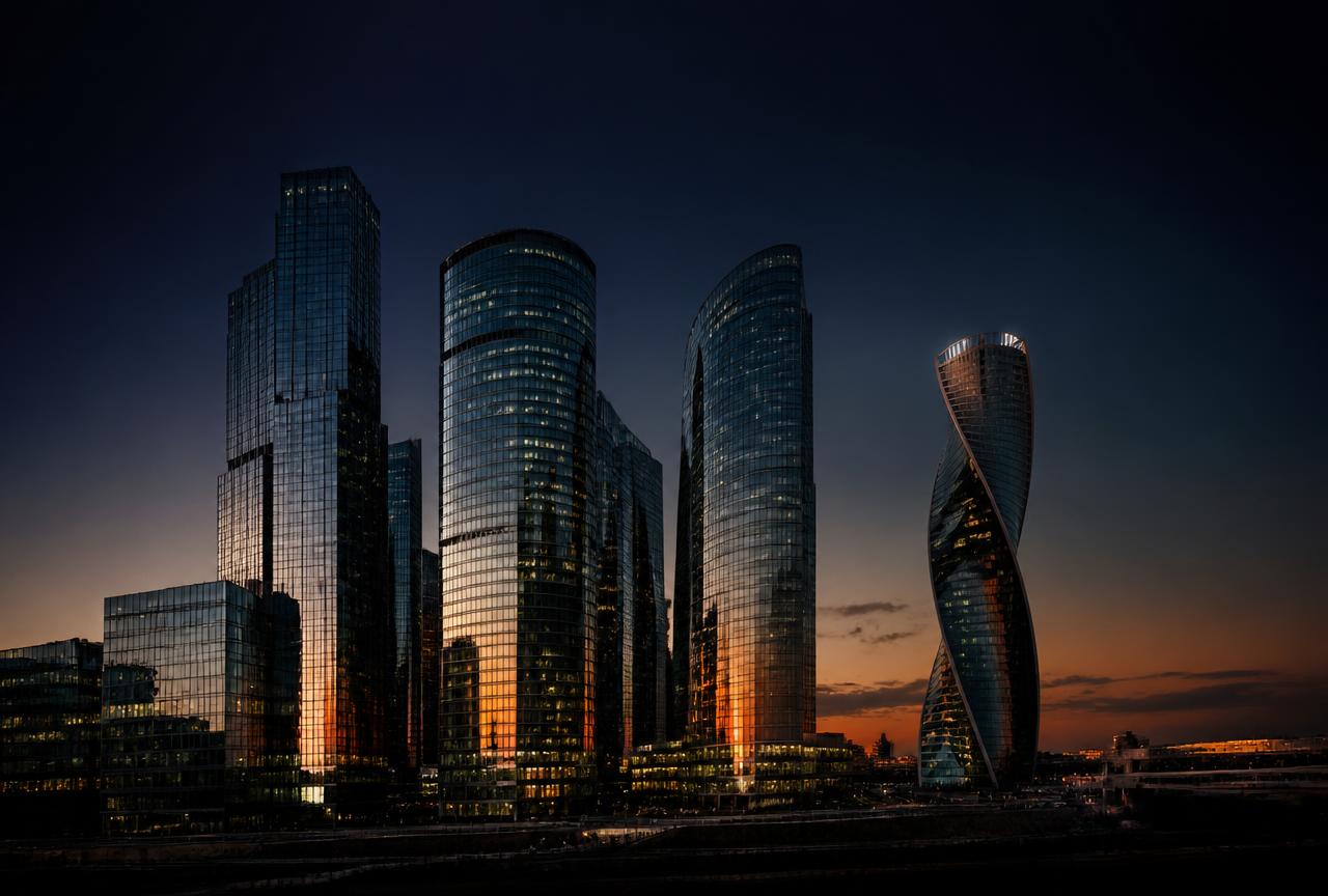 Modern corporate towers at twilight representing the SVE Group of Companies
